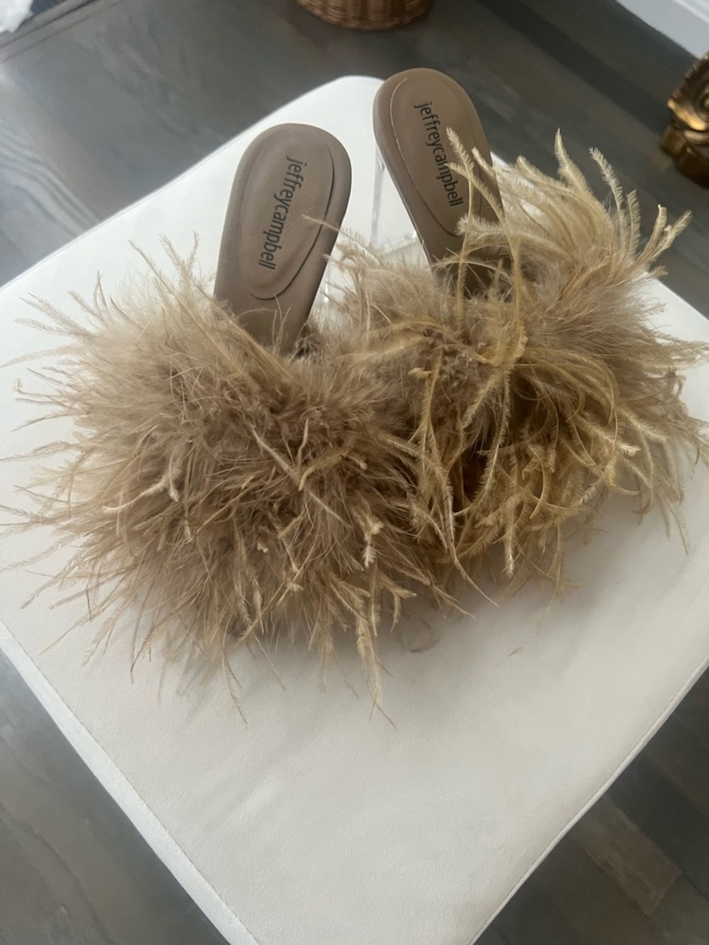 Jeffrey Campbell Feathered Slide Mules in Tan